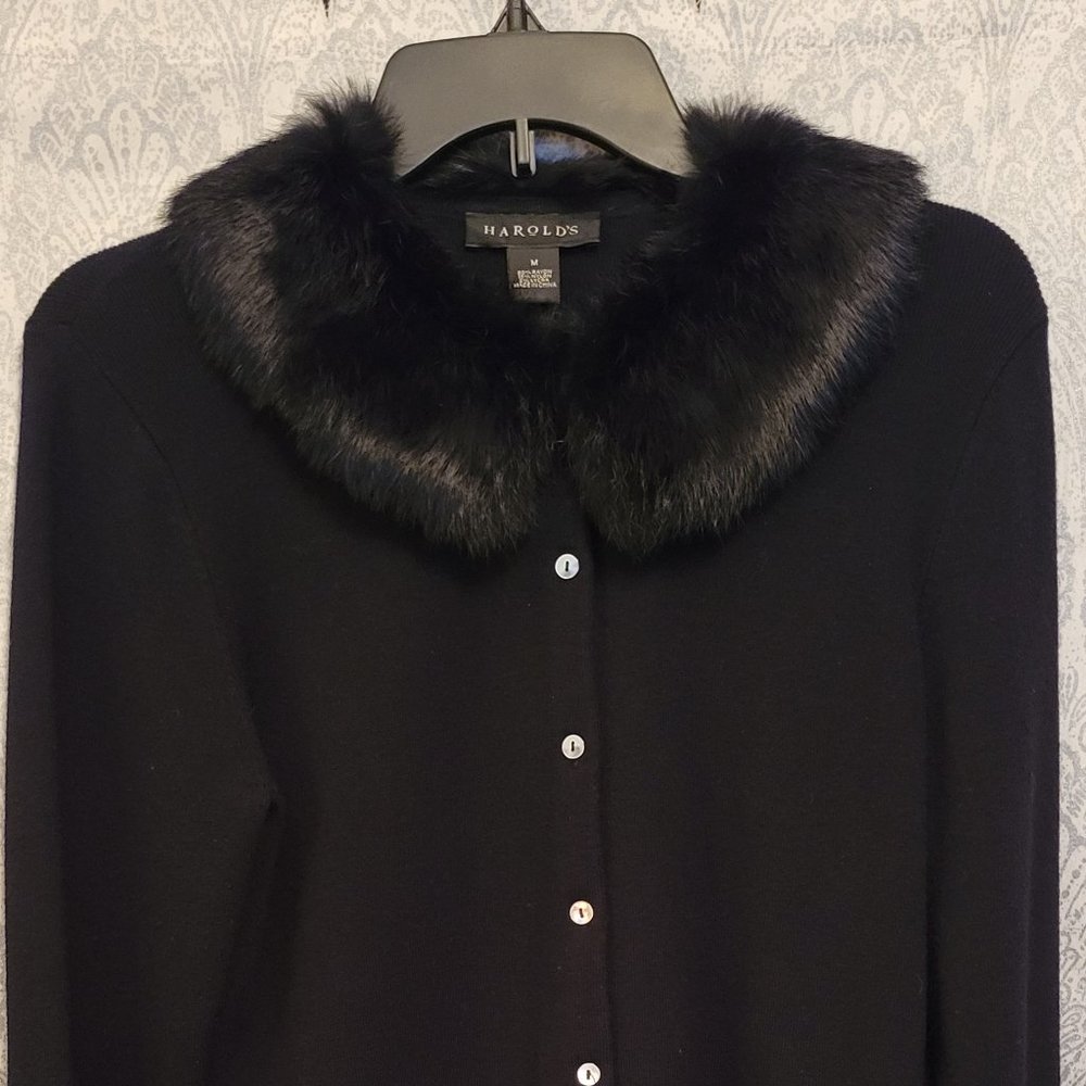 Harold's Black Fur Trimmed Button Sweater Top - Medium